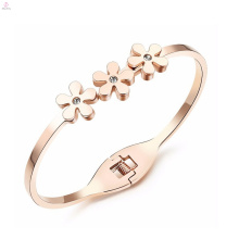 Statement Good Luck Love Stainless Steel Crystal Rose Gold Flower Bangle